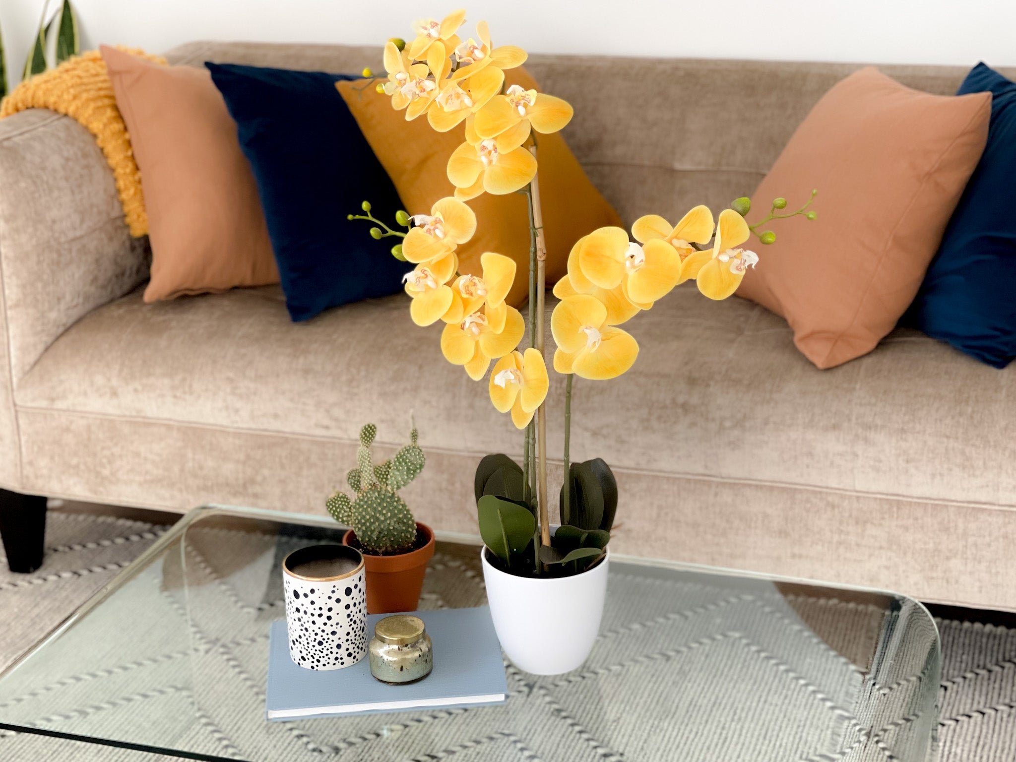 Artificial Orchid Flower Arrangement in White Vase