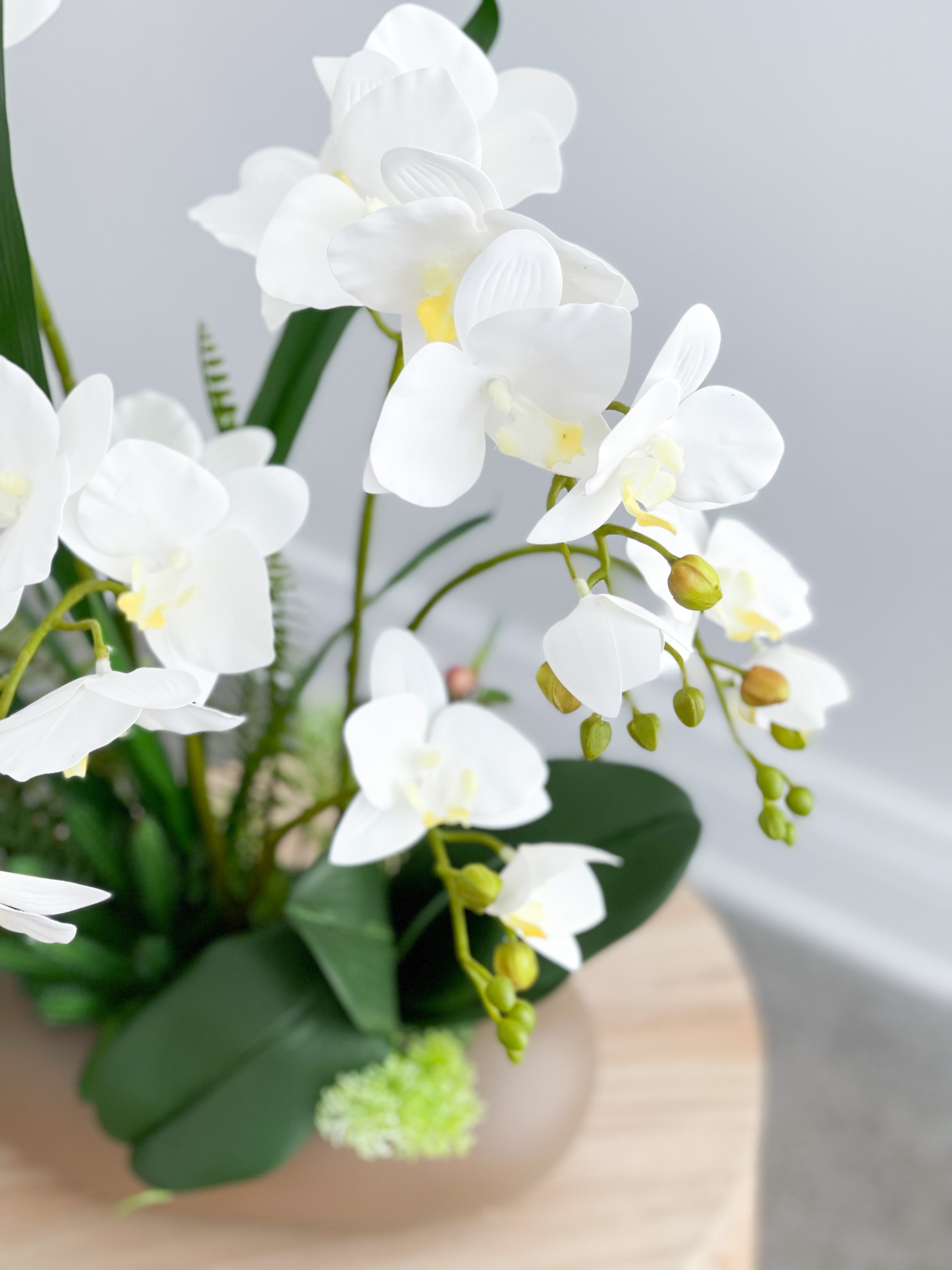 Artificial White Orchid Arrangement in Brown Pot