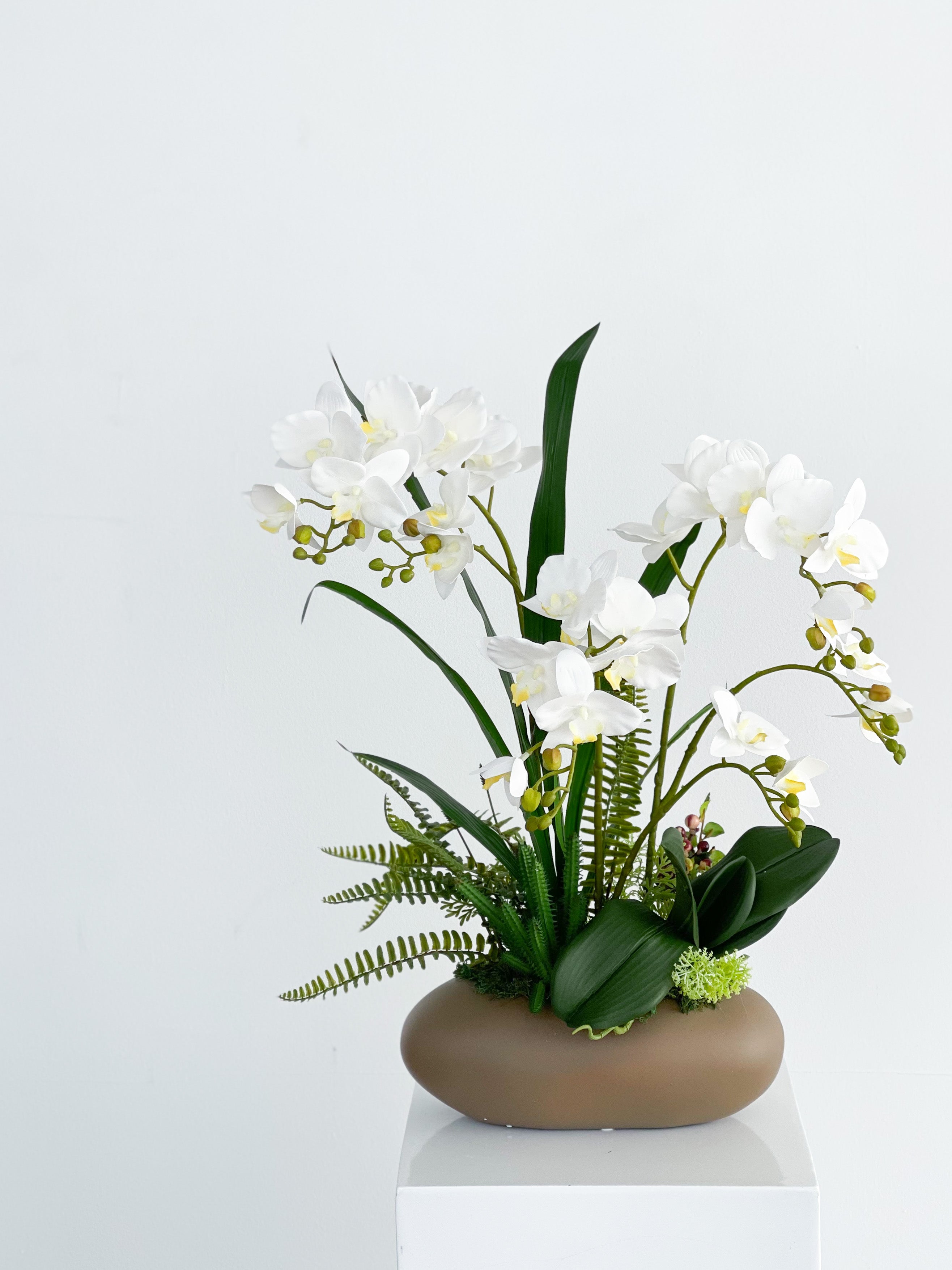 Artificial White Orchid Arrangement in Brown Pot