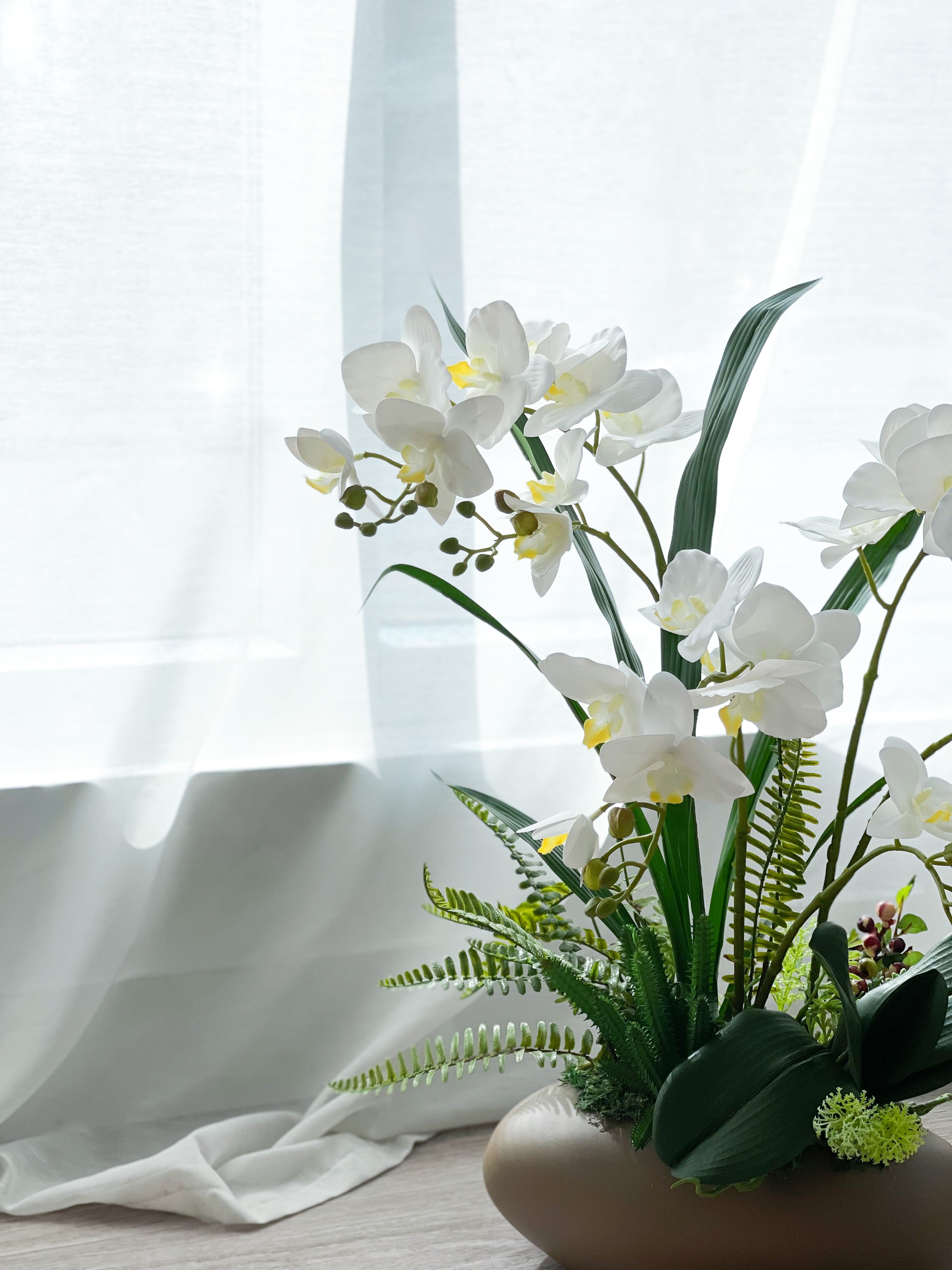 Artificial White Orchid Arrangement in Brown Pot