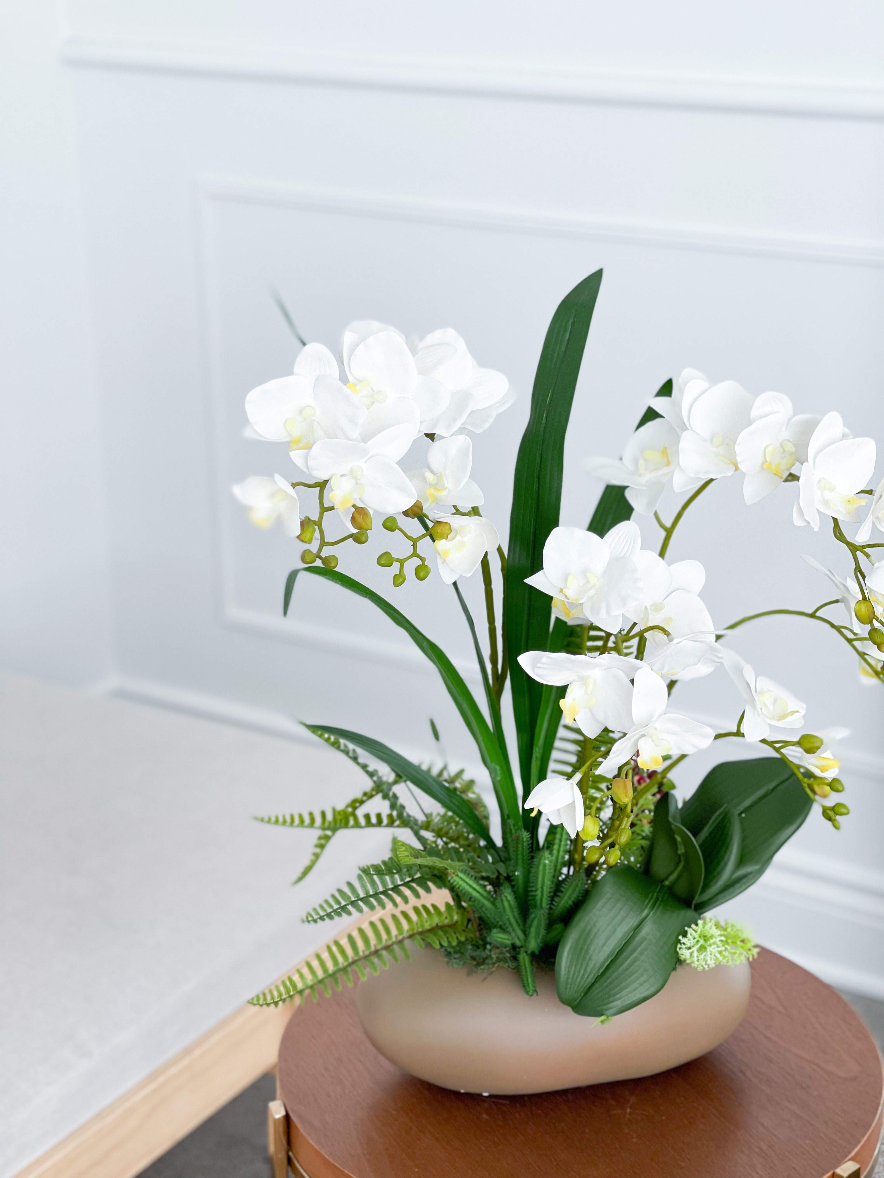 Artificial White Orchid Arrangement in Brown Pot