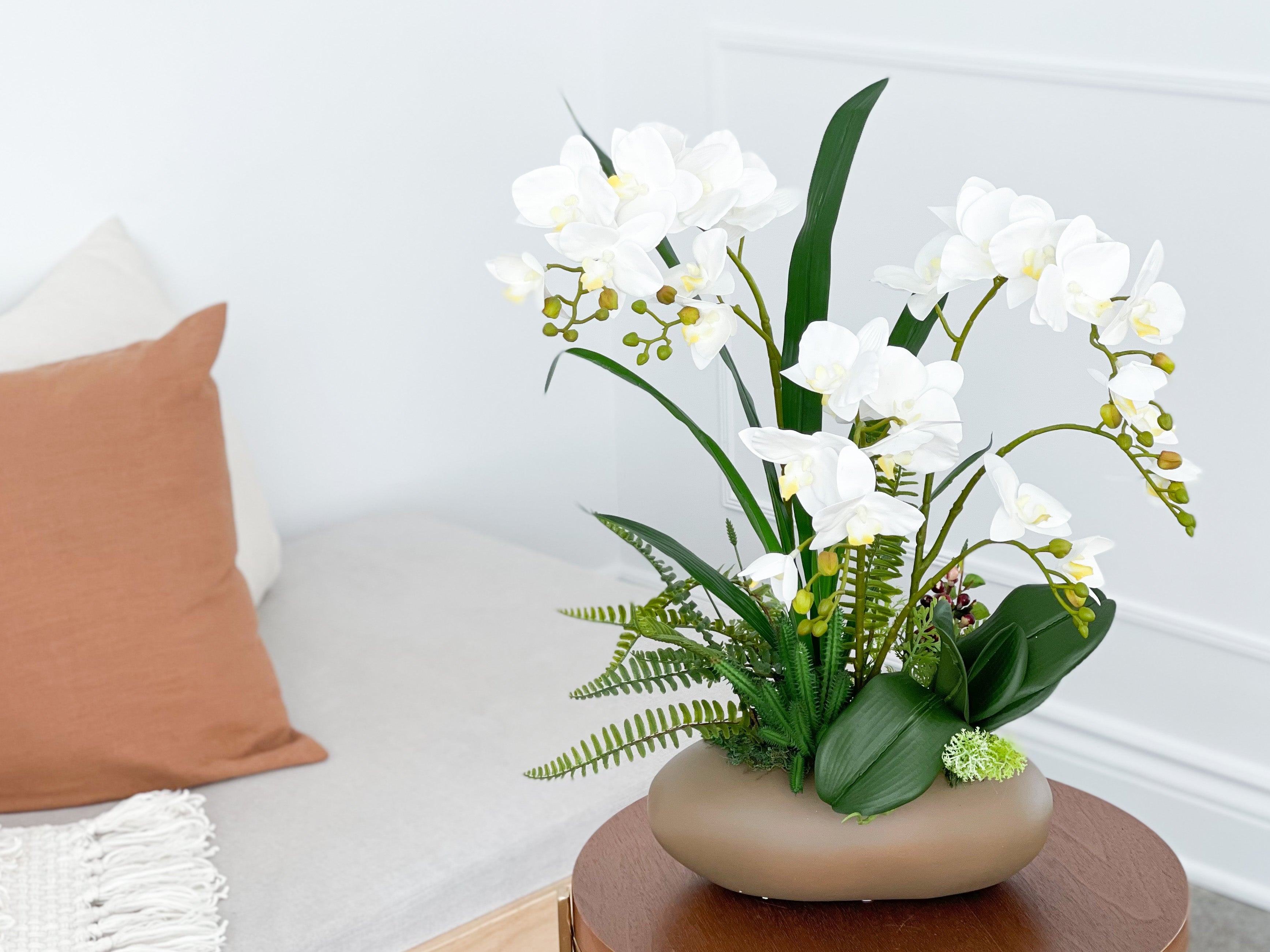 Artificial White Orchid Arrangement in Brown Pot