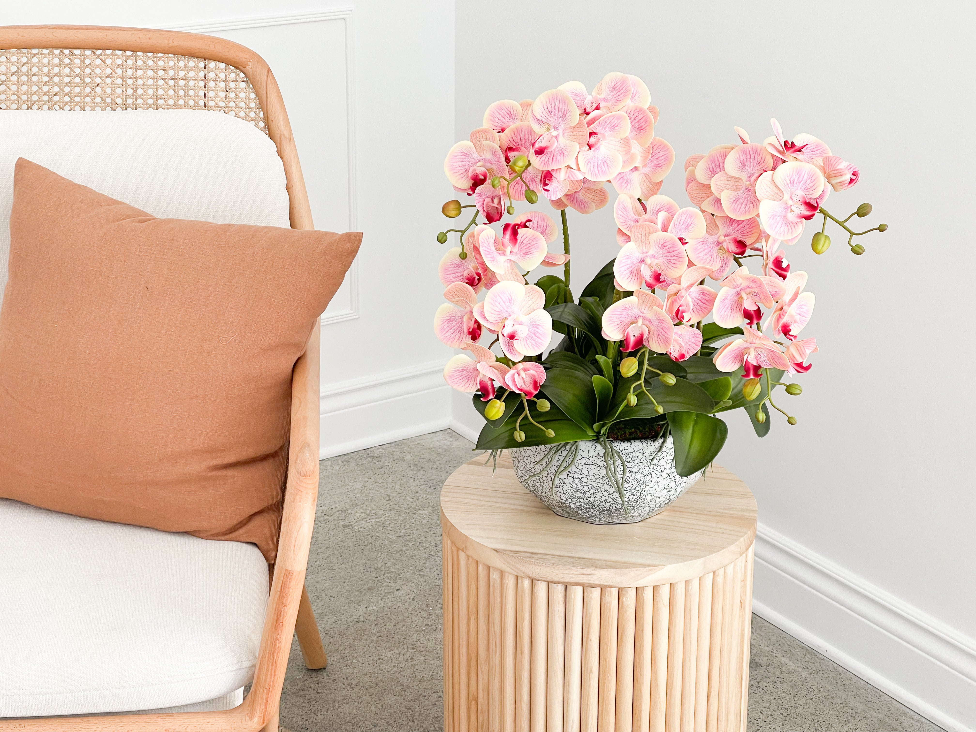 Artificial Blush Orchid Arrangement in Silver Pot